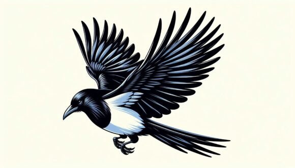 Magpie in Bold Flight Motion: A Dynamic Asset for Modern Designers