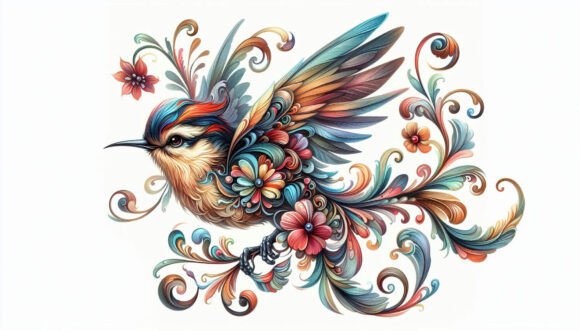 Oil Painting of a Floral Bird in Motion: A Dynamic Design Asset