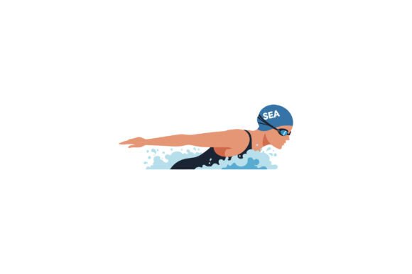 Swimmer in Motion with Blue Cap and Wave: Dynamic Font Design